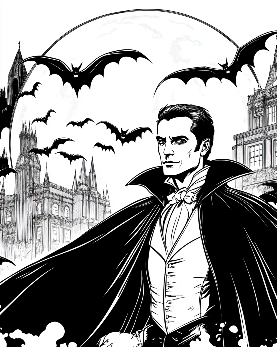 Hollywood movie Dracula with bats and full moon.