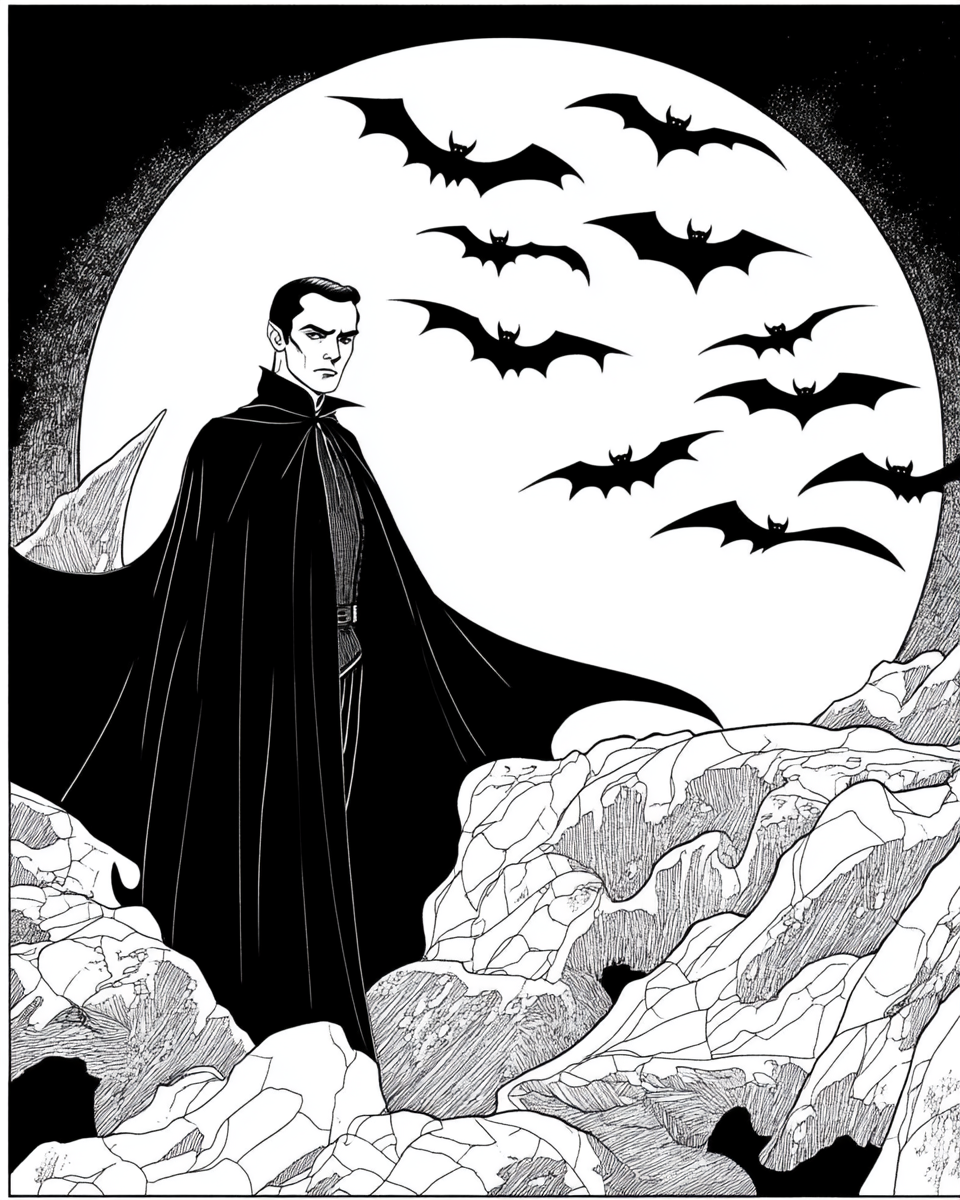 Hollywood movie Dracula with large bats and full moon.