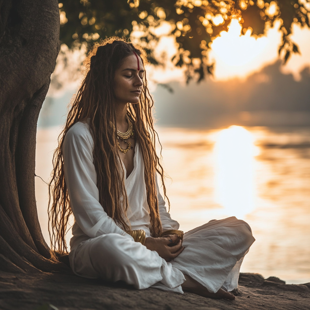 Holy woman with dreadlocks sits by river at sunset