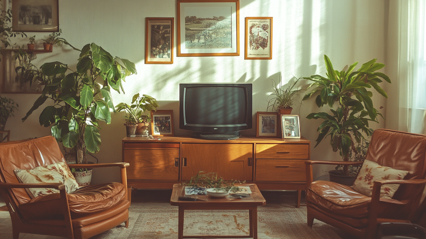 Home decor shown in 1980s magazine with modern furniture.