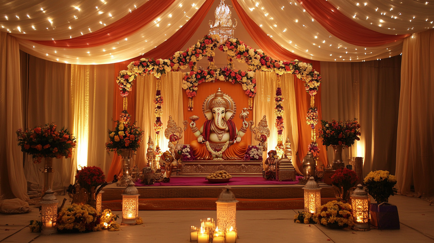 Home pandal with traditional elements, warm festive ambiance.