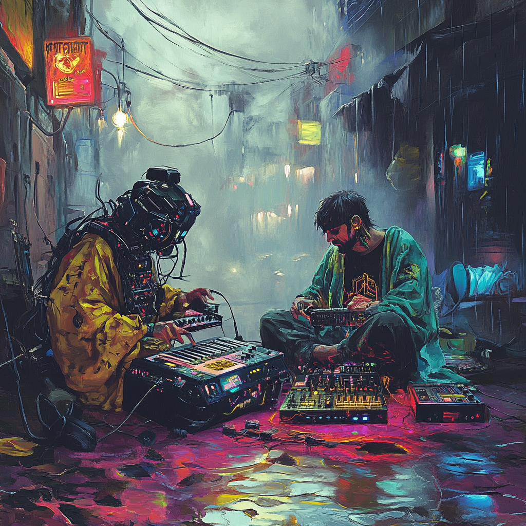 Homeless cyberpunks in Goa street creating music with equipment.