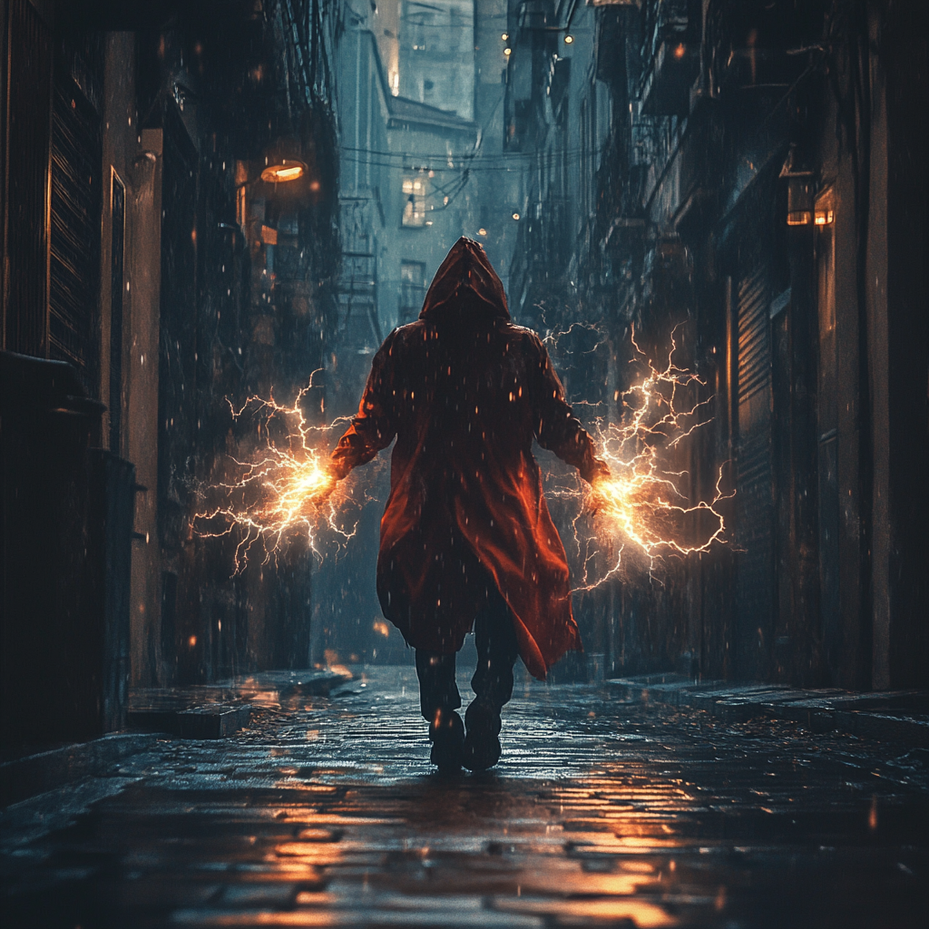 Homeless hero in dark alley, controlling fire and lightning.