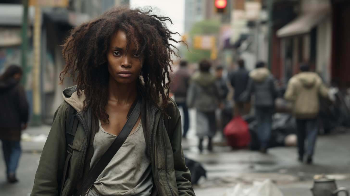 Homeless woman and white hobo in New York