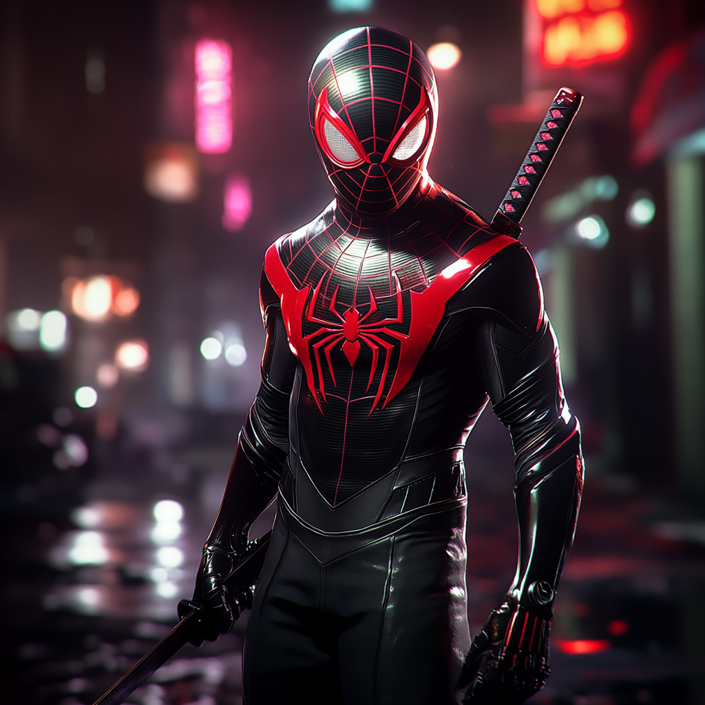 Homem-aranha Miles Morales, casaco preto, katana neon, chuva.