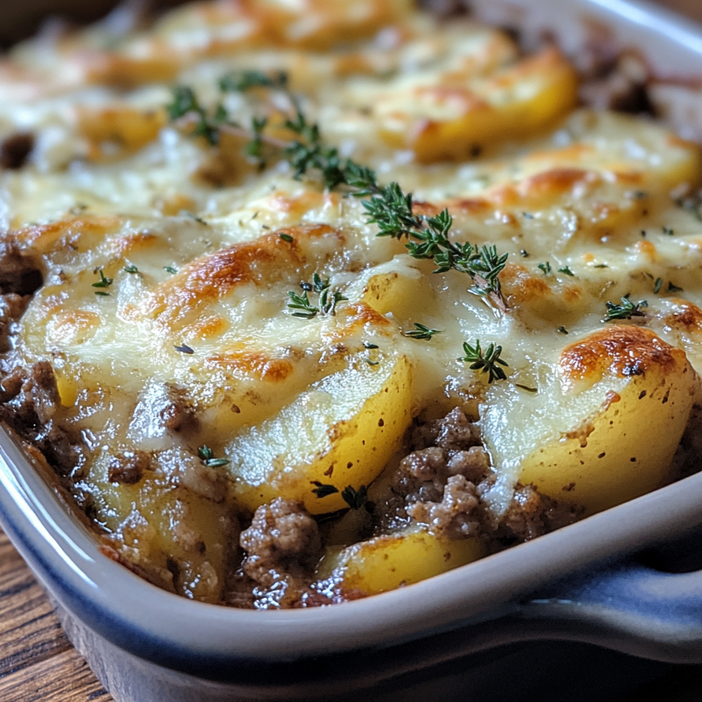 Homemade beef and potato casserole in rustic setting.