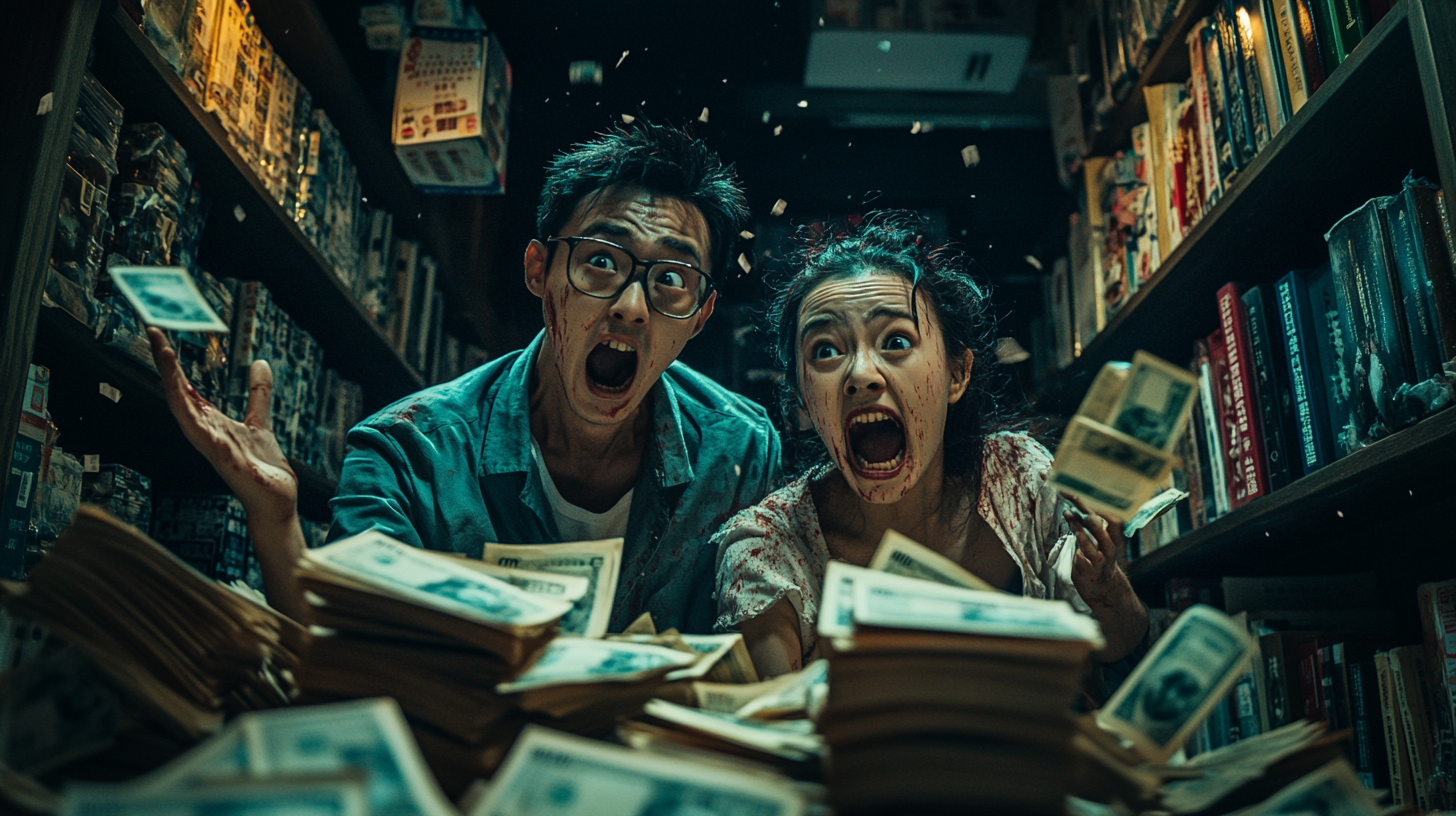 Hong Kong zombie couple arguing in bookstore with money.