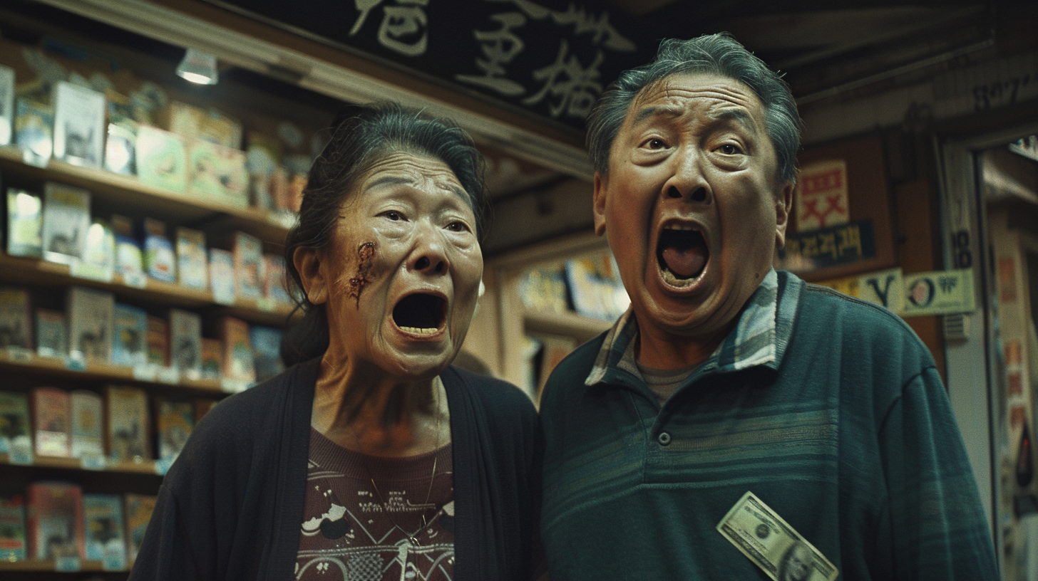 Hong Kong zombie couple arguing in dramatic bookstore scene.