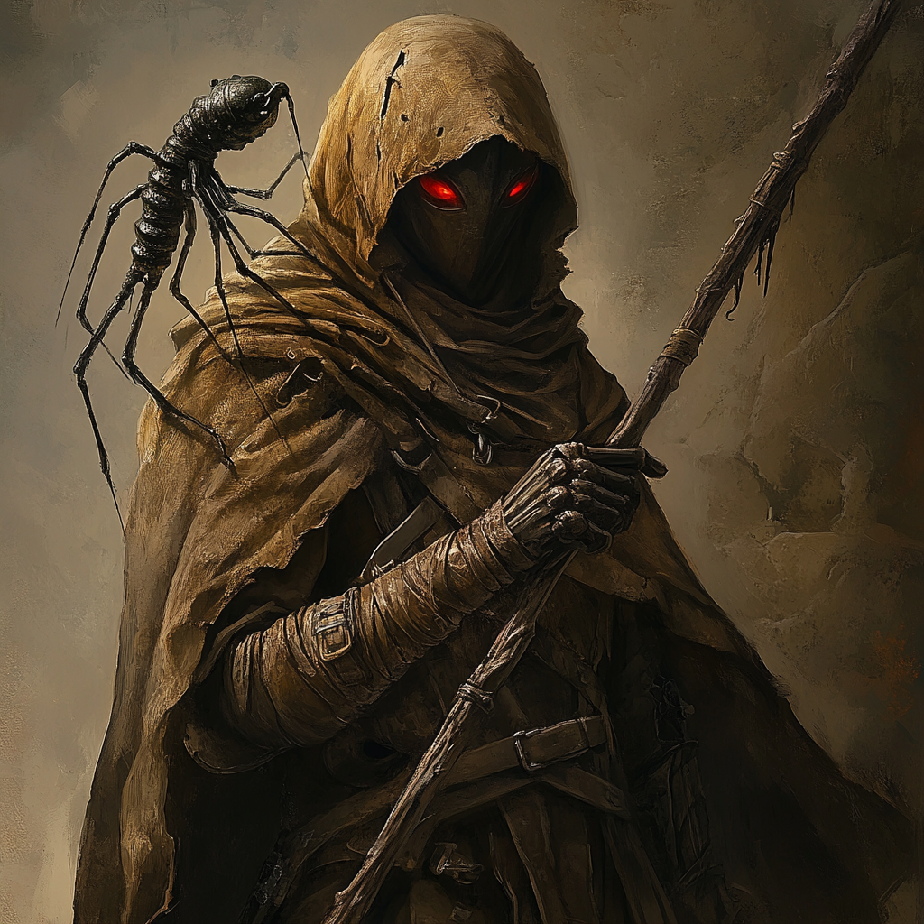 Hooded figure in brown armor holds iron staff weapon.