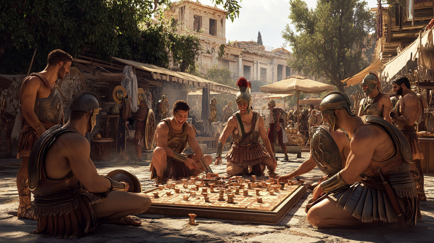 Hoplites having fun playing Greek board game at marketplace.