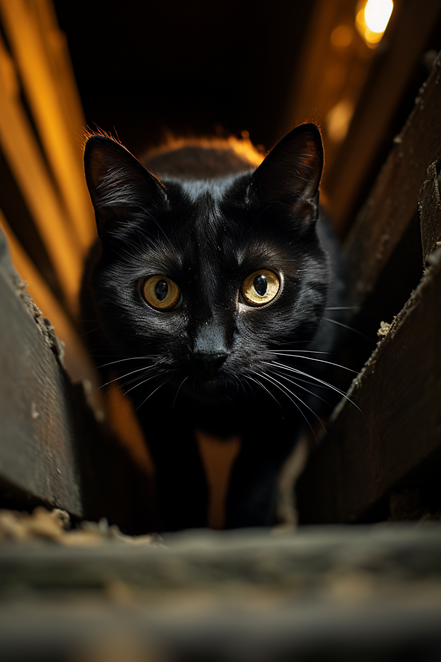 Horror film with evil black cat crawling stairs.