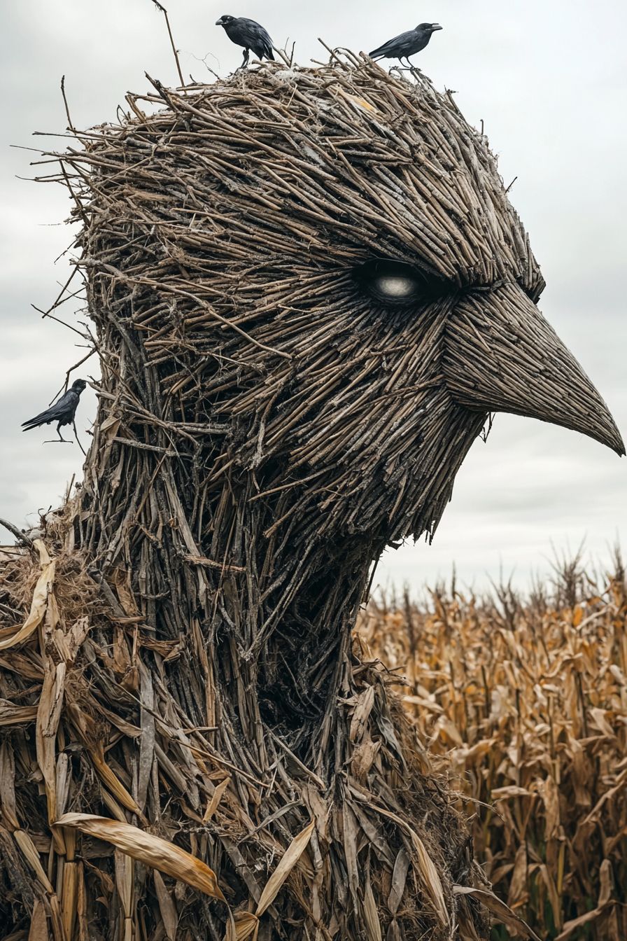 Horror movie style, side view, straw man, crows.