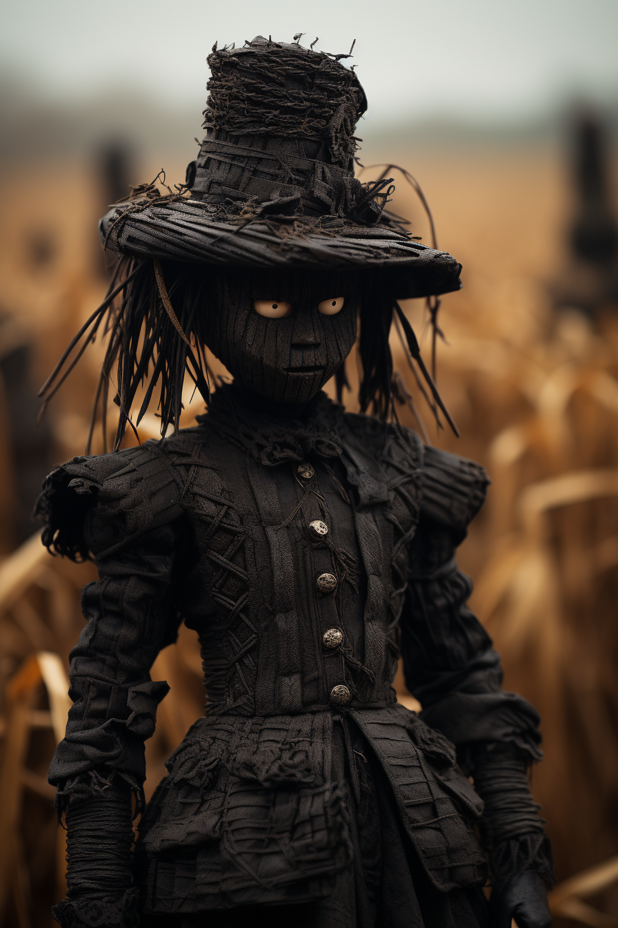 Horror movie style with realistic doll in field.