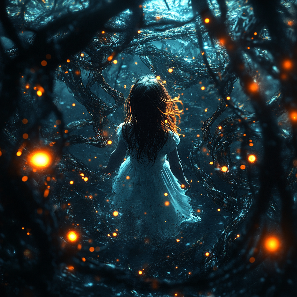 Horror scene with young girl surrounded by lights.