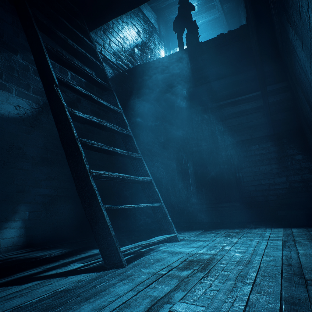 Horror style basement with wooden floor, ladder, figure.