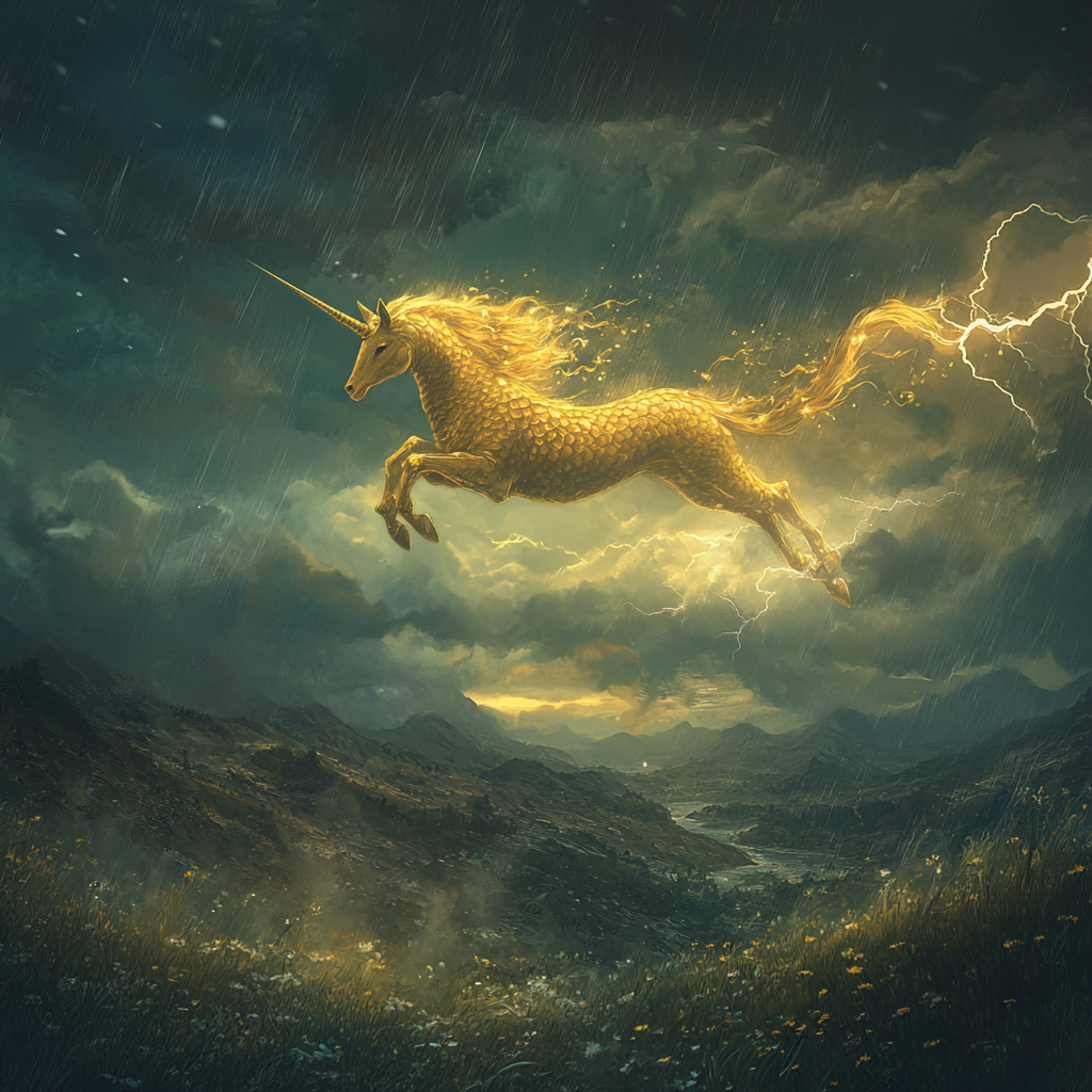 Horse-fish creature swims through stormy sky. Lightning illuminates.