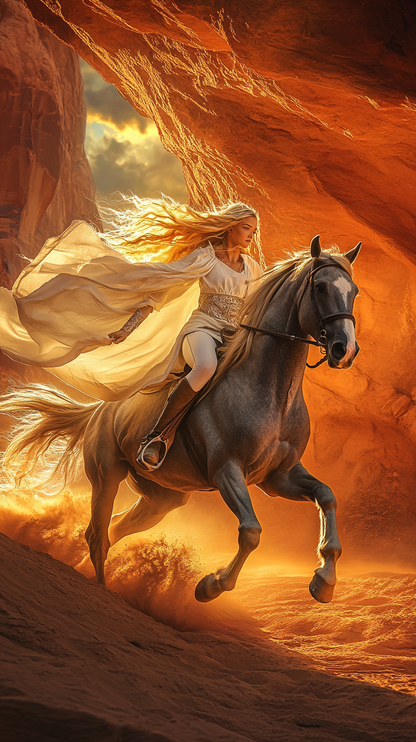 Horse galloping in canyon with woman in cloak.