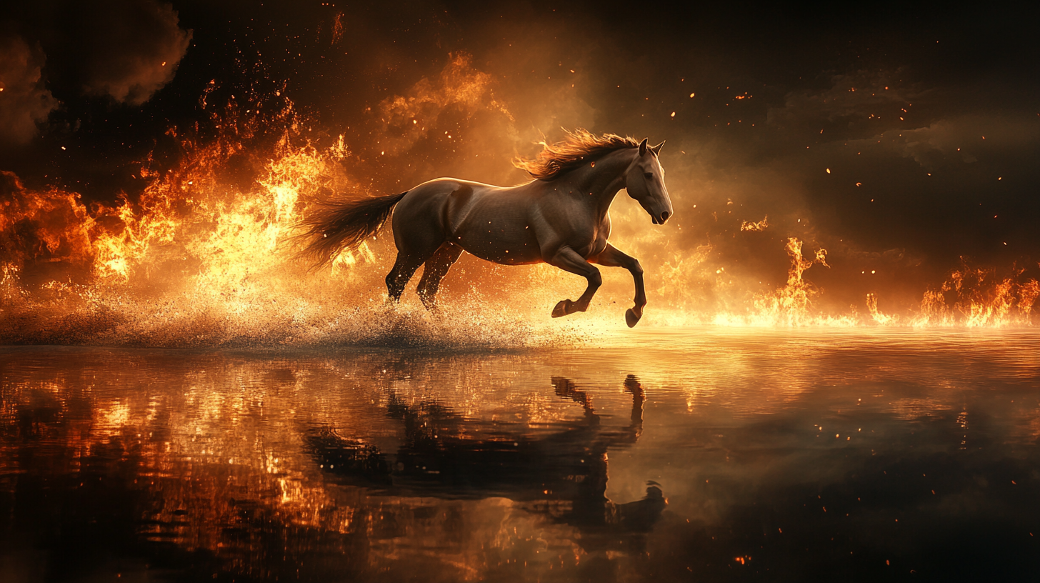 Horse galloping on water with dancing flames background - intense.