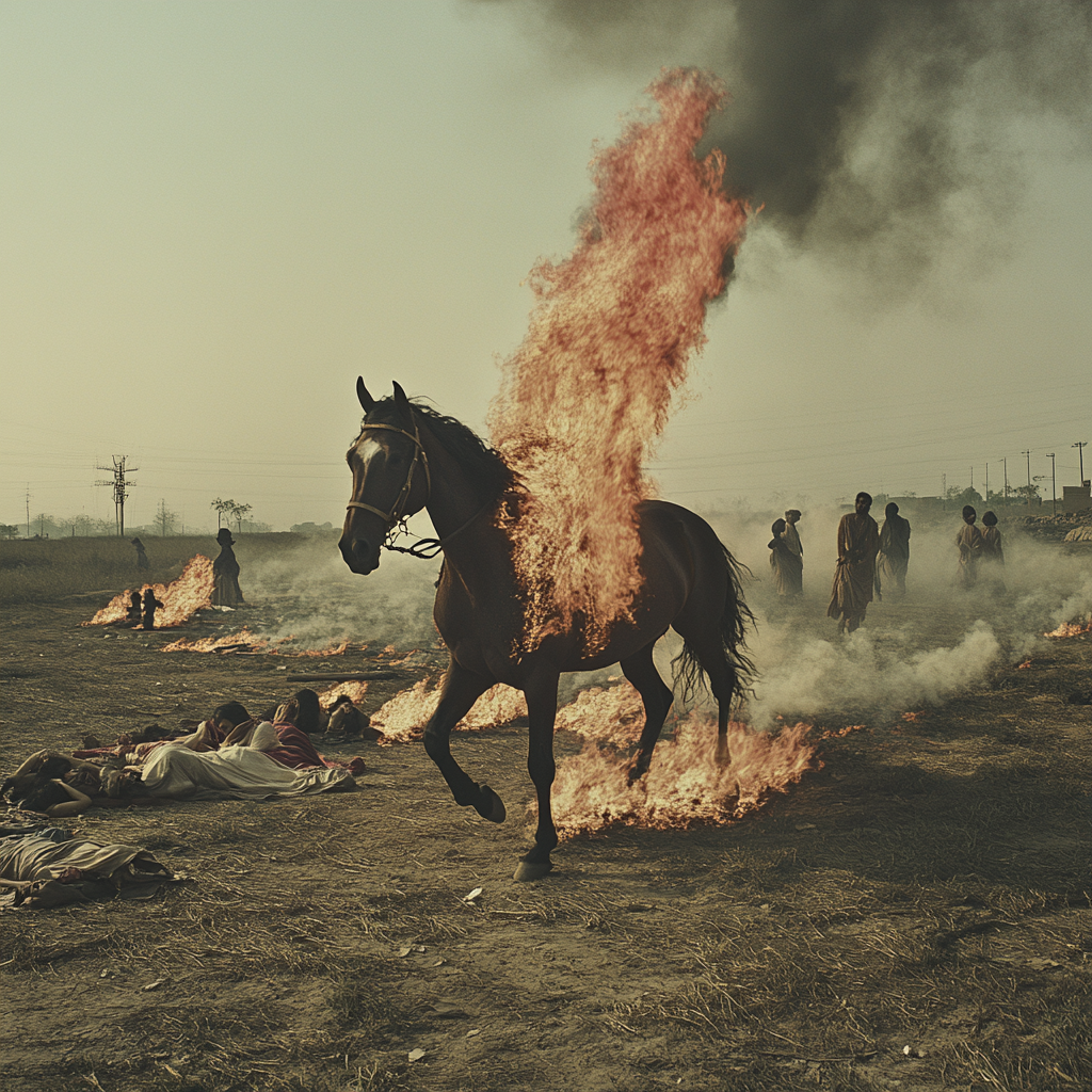 Horse on fire running through battlefield. Sikh women children.