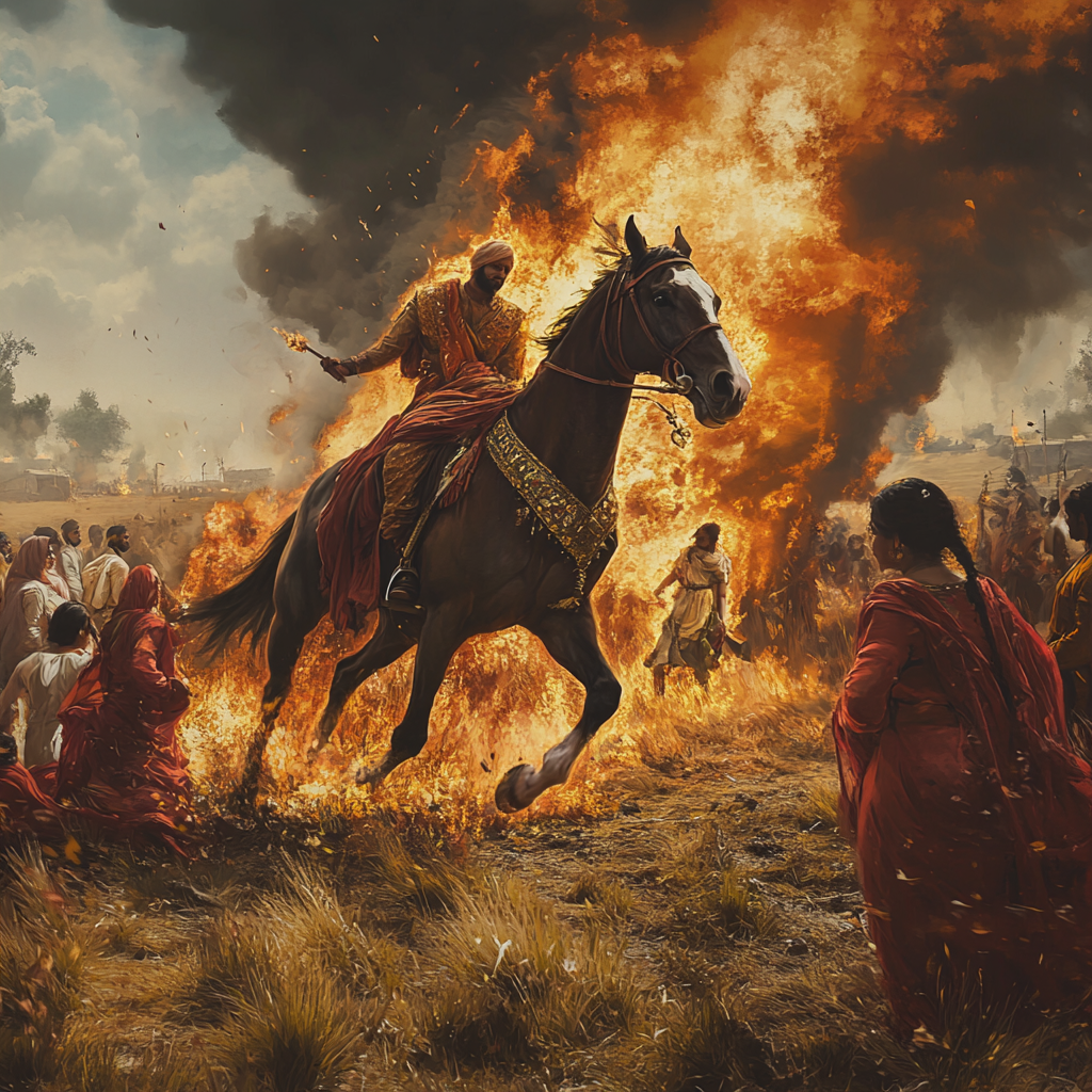 Horse on fire runs through burning field, Sikh women.