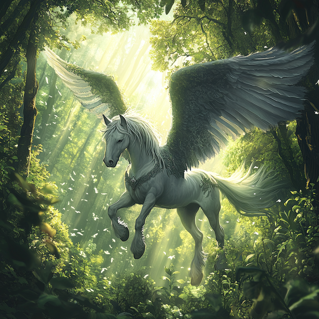 Horse with eagle head and big wings in forest.