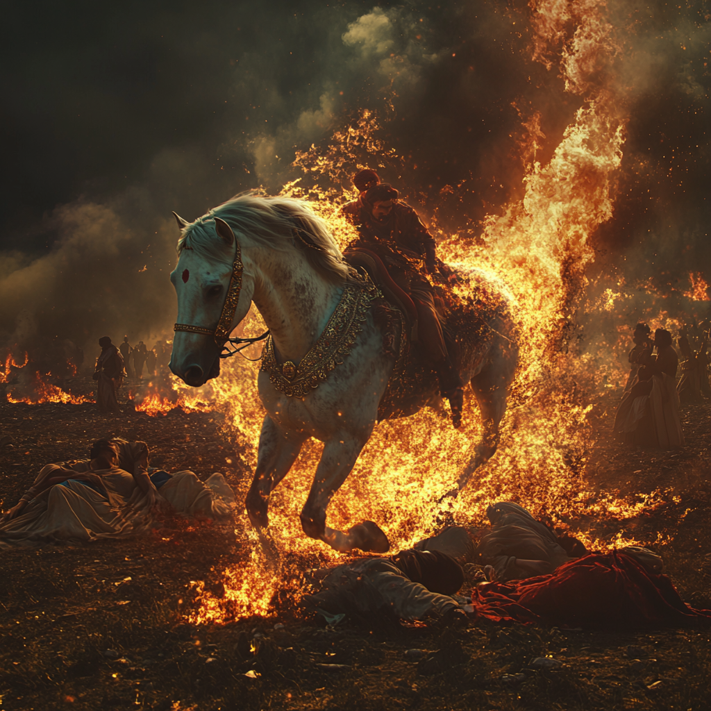 Horse with flames, running in Punjab battlefield, women down.