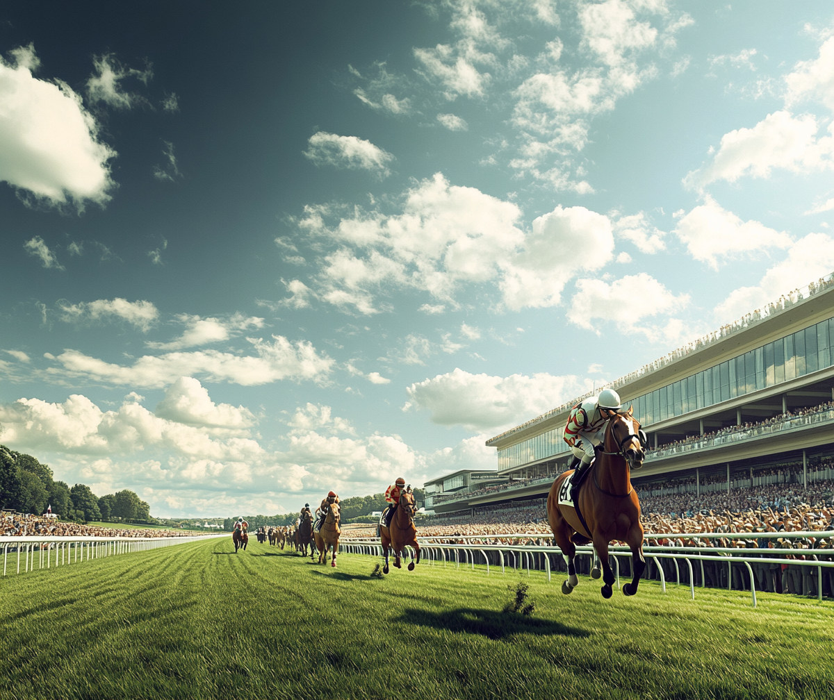 Horses racing on grass track in London.