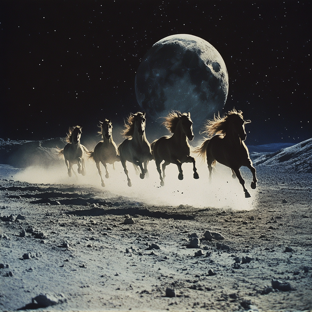 Horses running on moon, with atomic explosion in background