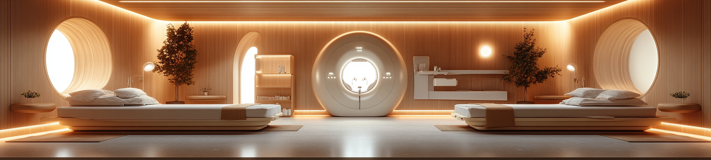 Hospital room with MRI machine, minimalist elegant design.