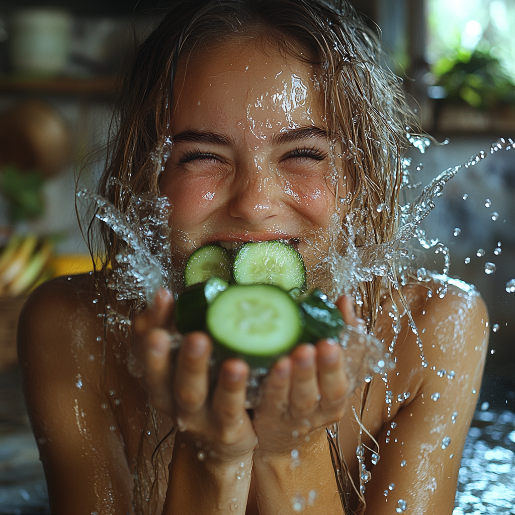 Hot kitchen, woman pours water on face, smiling.