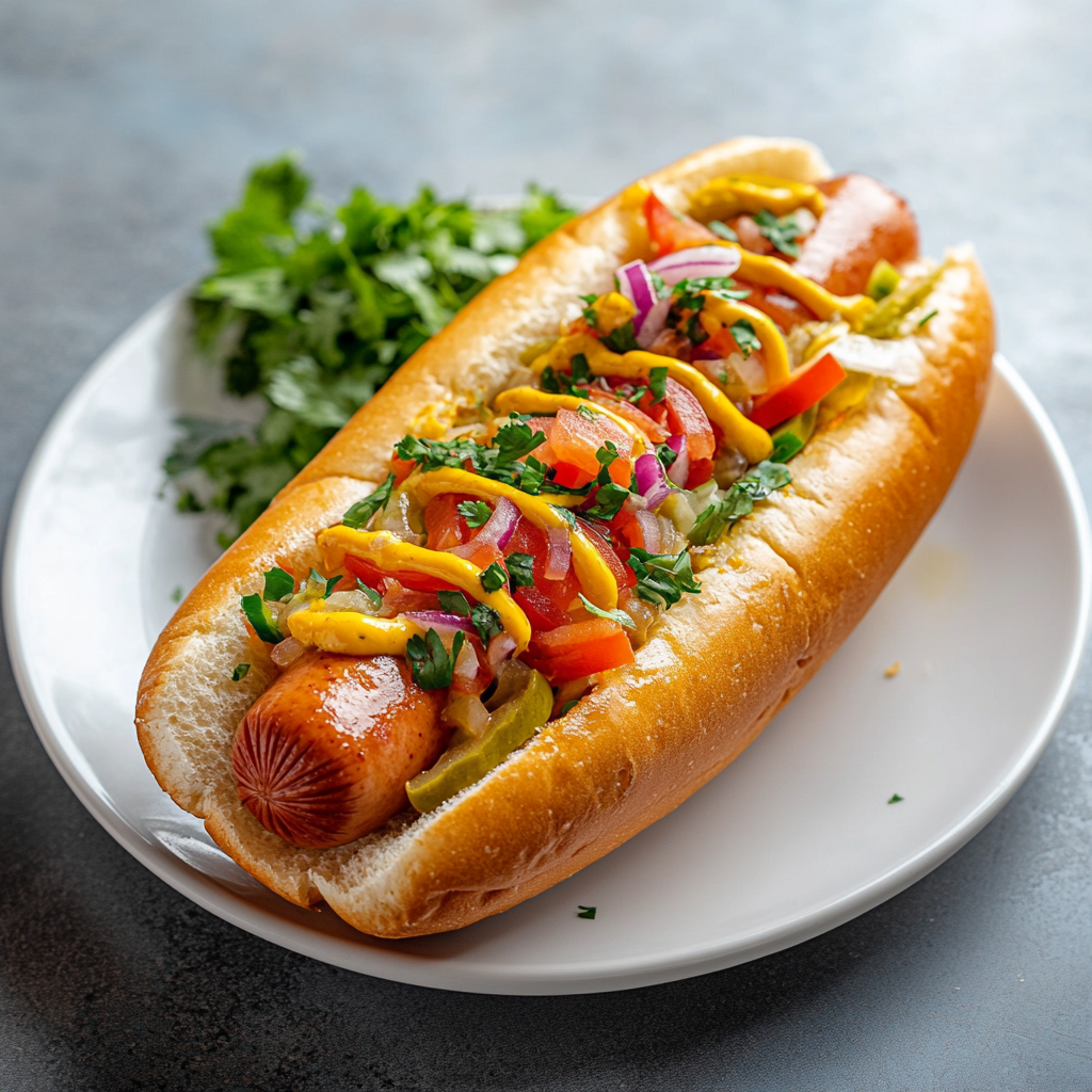 Hotdog on white plate with garnish, high resolution.