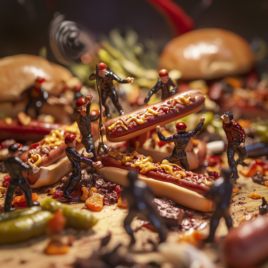 Hotdog people arranging objects in strange diorama scene