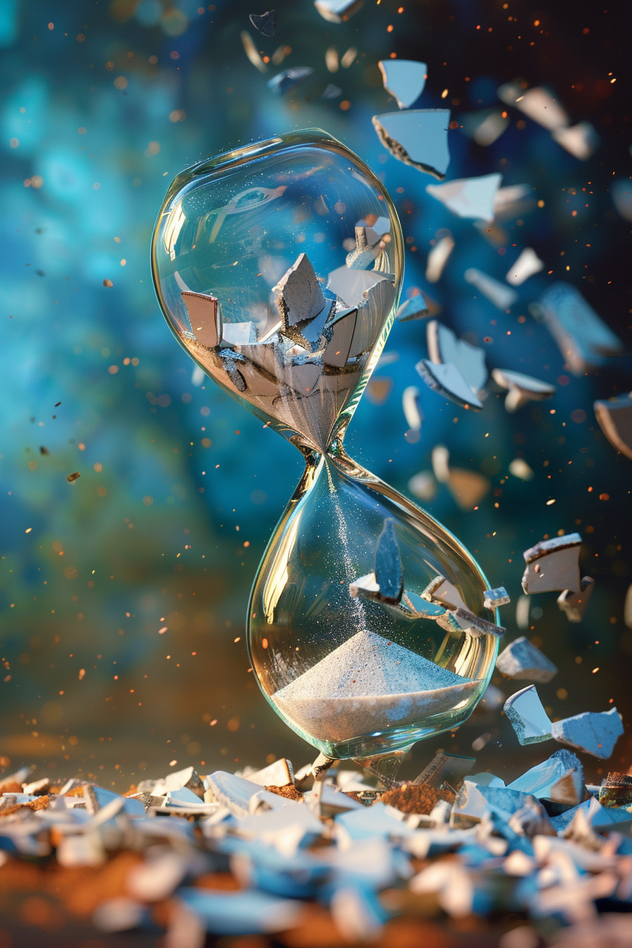 Hourglass breaking, sand spilling, new one forming. Time heals.