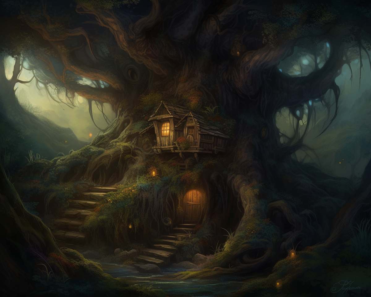 House in tree, fantasy lair for troll, hobbit.