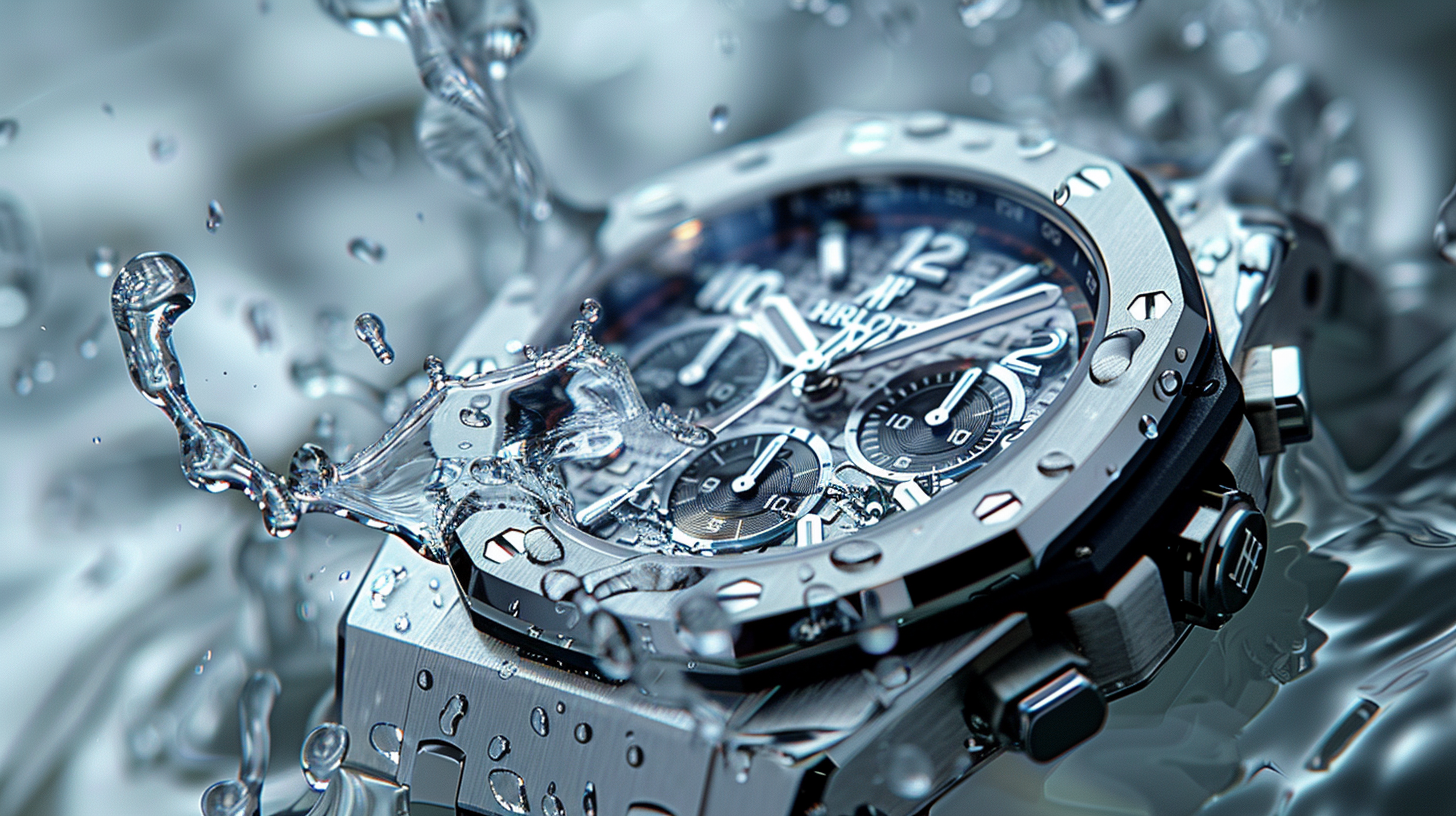 Hublot-style luxury watch dissolving into water droplets.