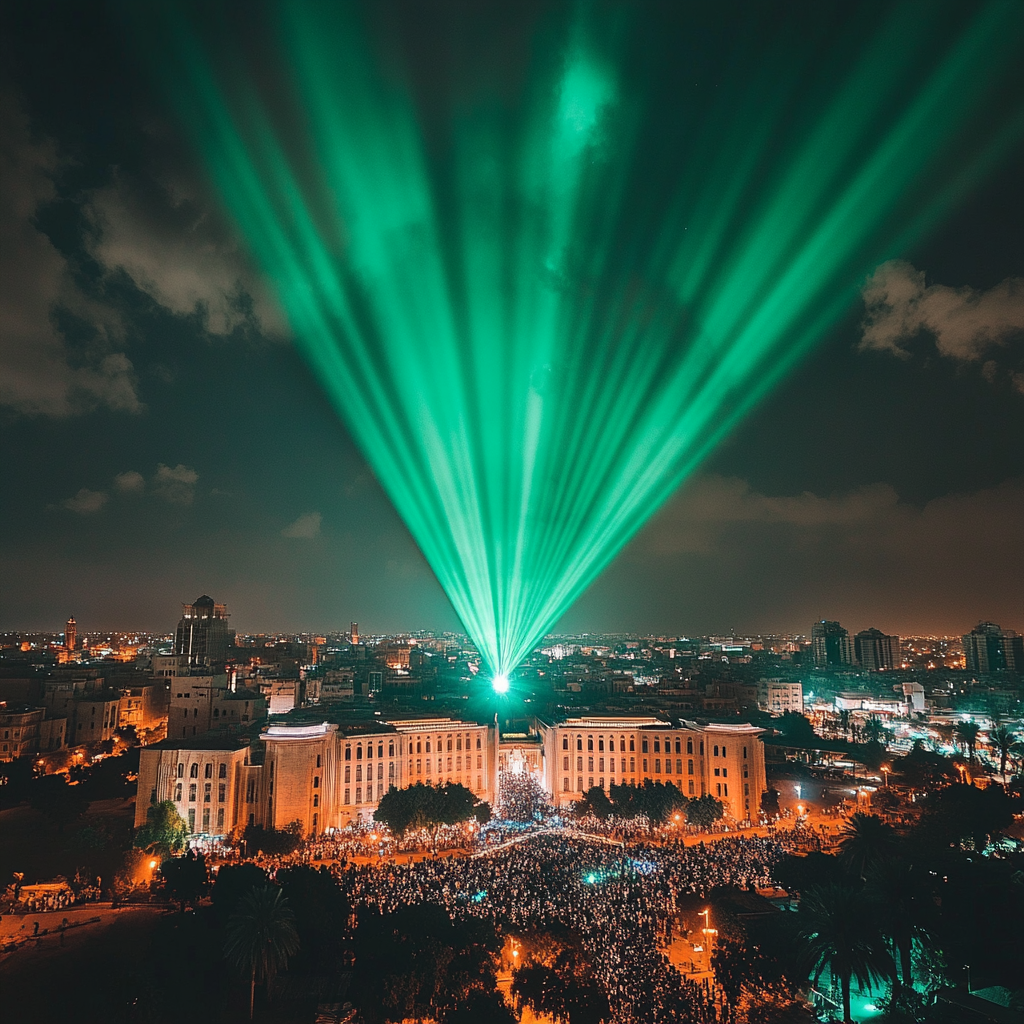 Huge Neon Green Spotlight Illuminating Historical Jeddah albalad 