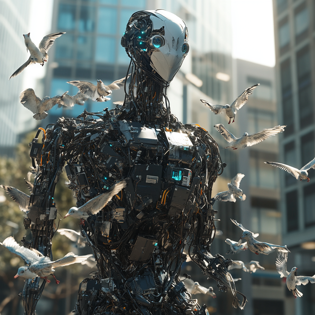 Huge humanoid robot made of small robotic seagulls.