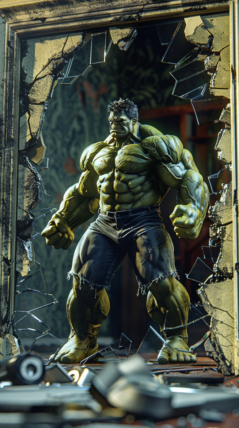 Hulk in Shattered Doorway, Lifting Weights Intensely