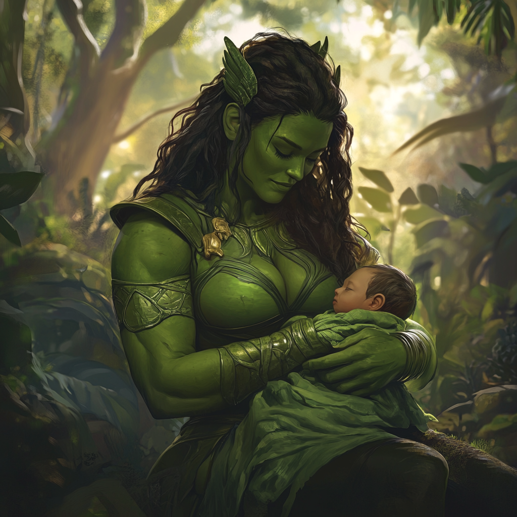 Hulk-like female holding baby in tranquil jungle setting.