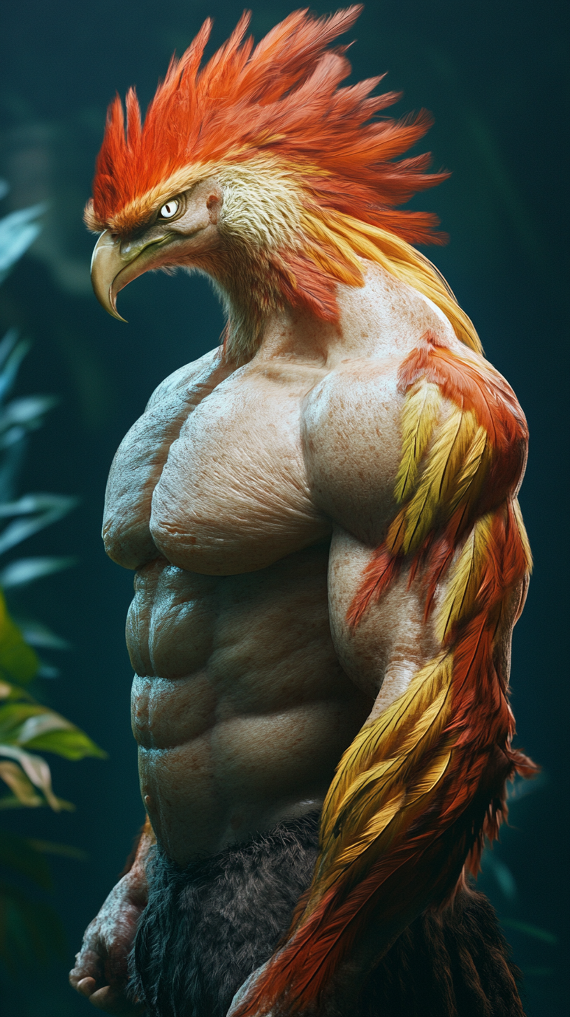 Hulking body with bird head is imposing creature.