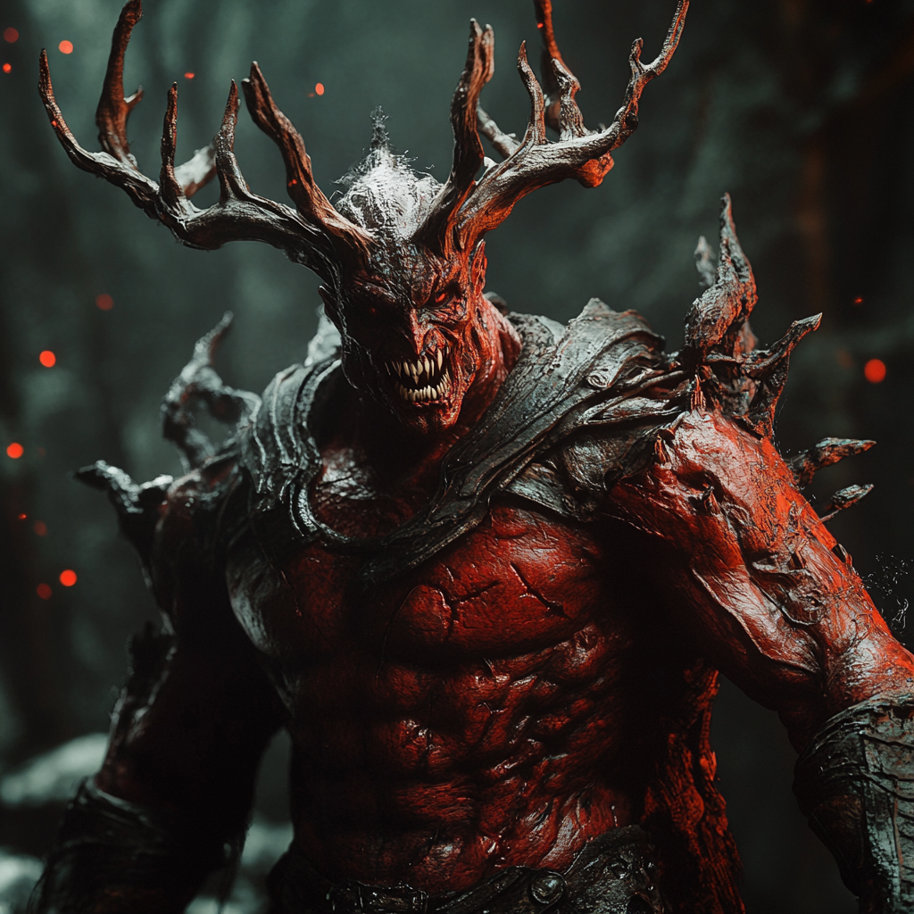 Hulking inhuman warlock with antlers in dark fantasy