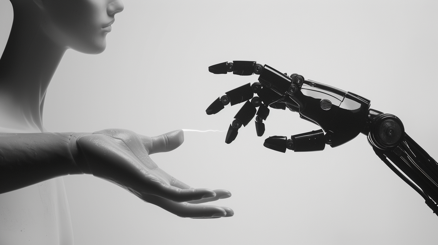 Human and robot hands touching, connection symbolized