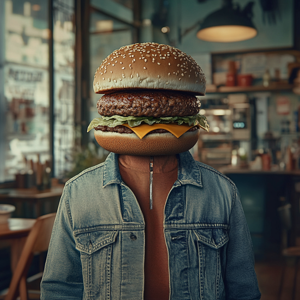 Human body with hamburger head, face integrated. Surreal scene.