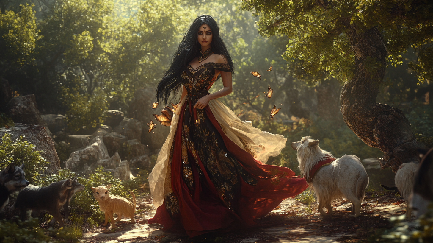 Human druid princess in forest ballgown with animals.