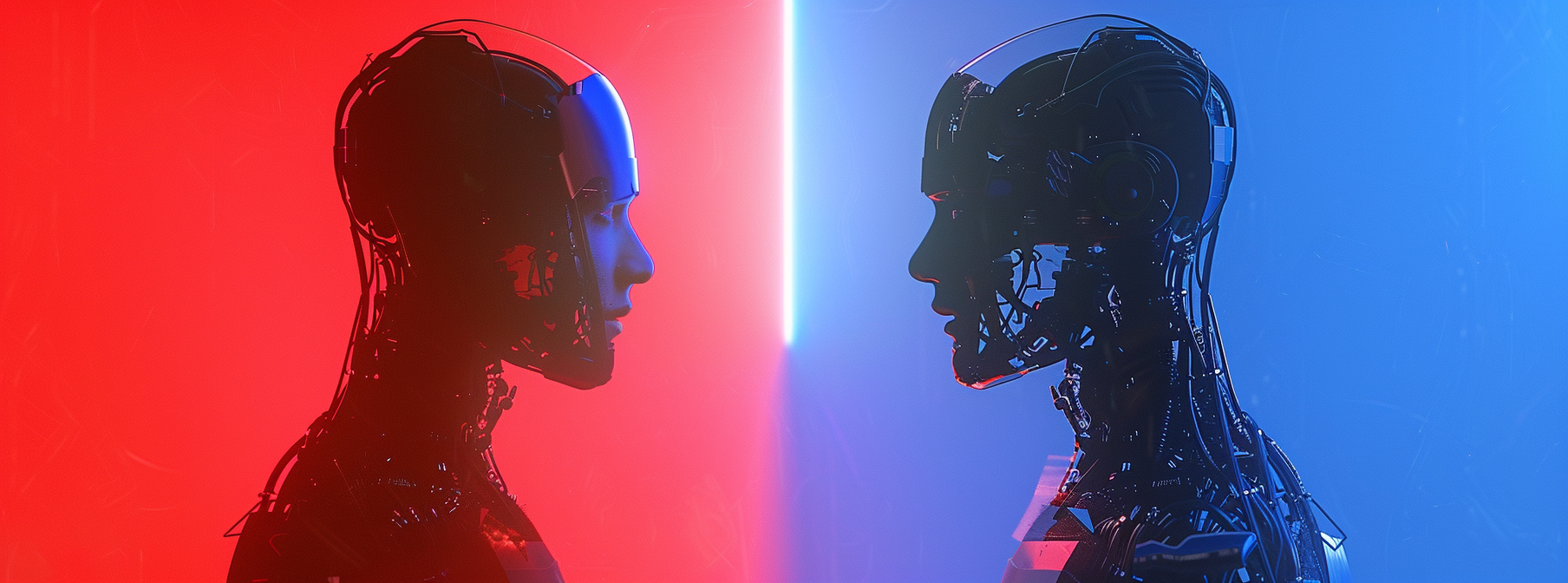 Human energy form and robot, red and blue background.