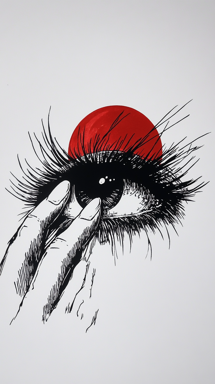 Human eye drawing with long lashes poked by finger.