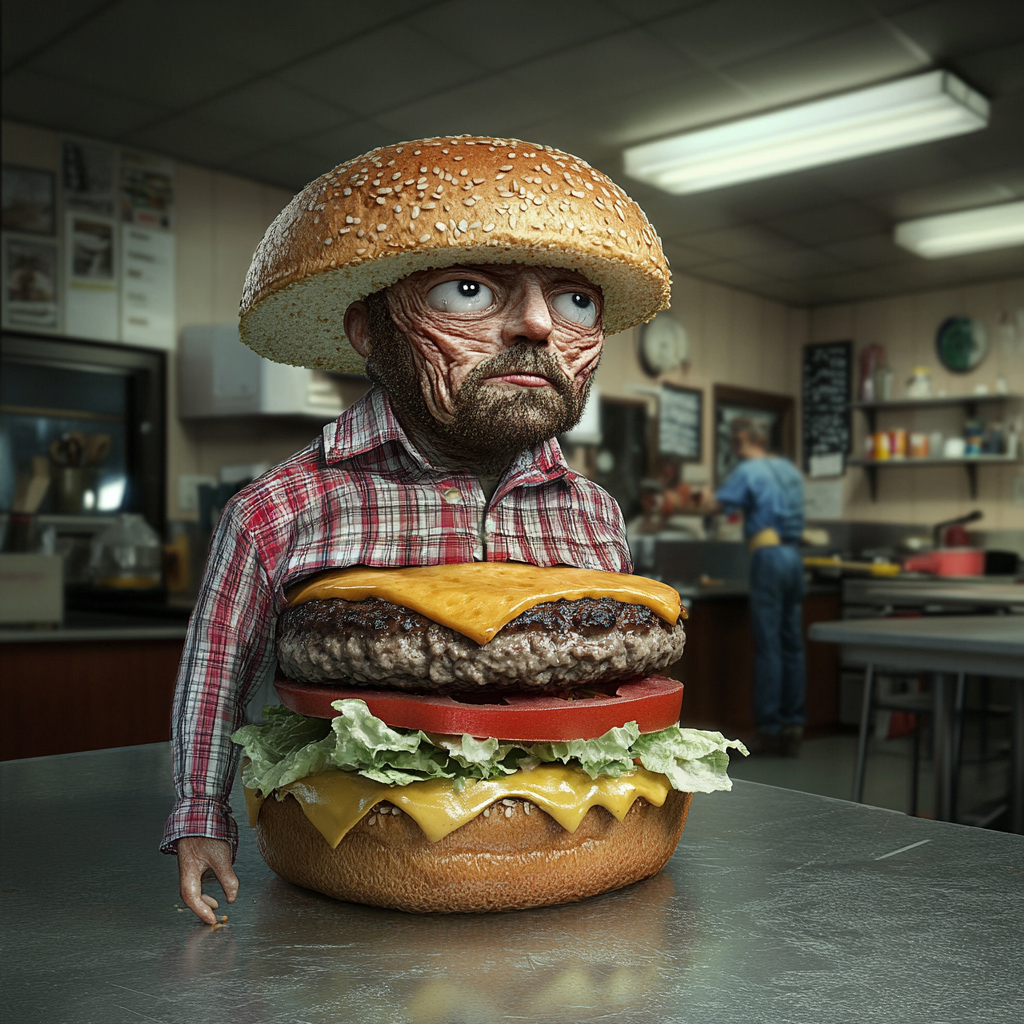 Human face on burger with body in clothes.