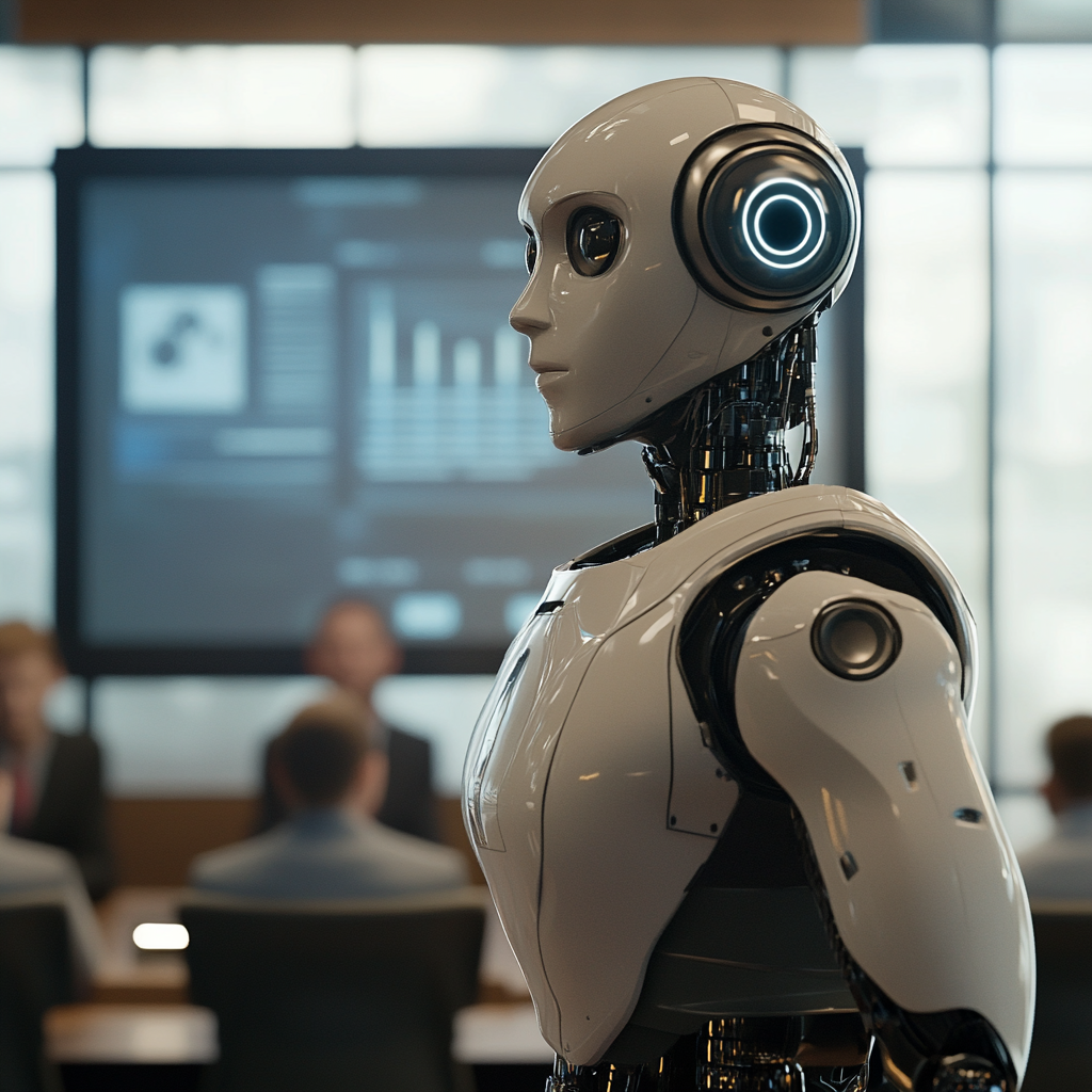 Human-like robot starts company, pitches to investors.