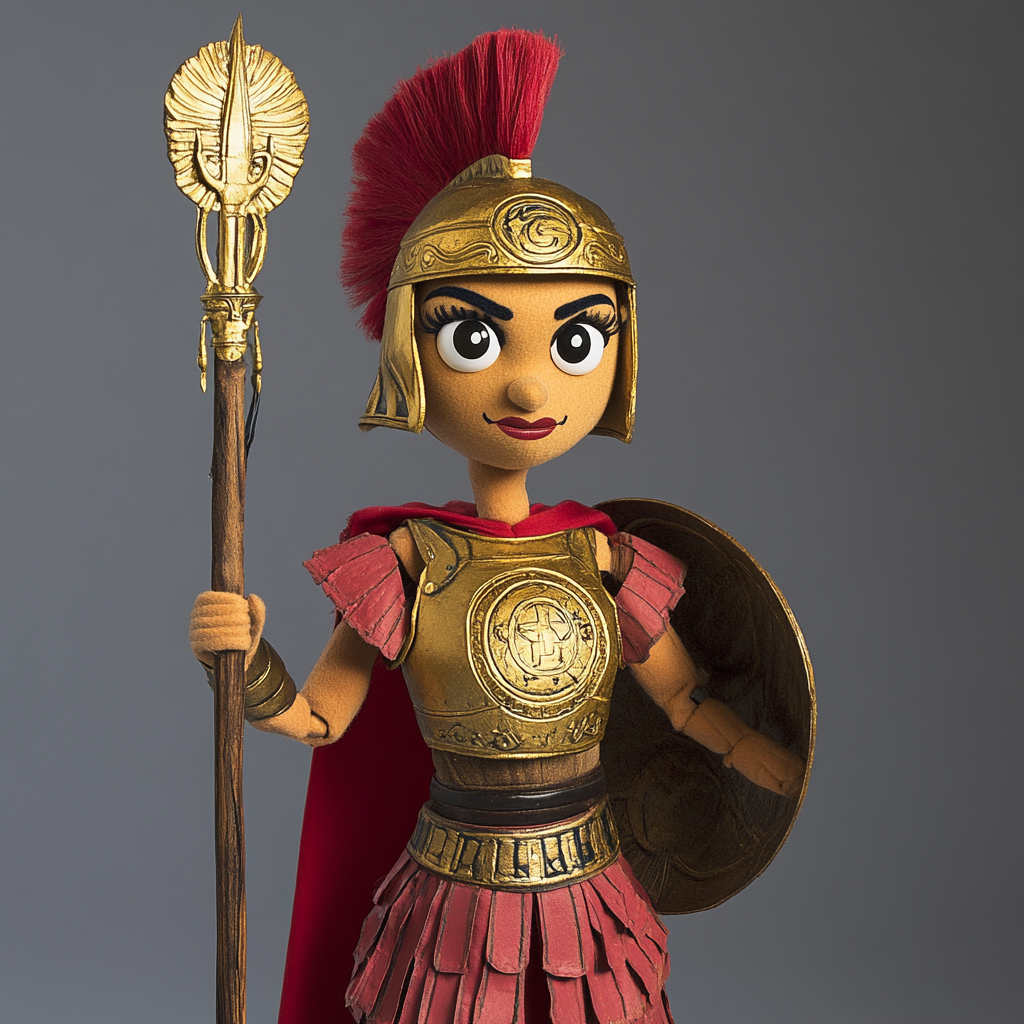 Human muppet puppet of Lady Sparta in red armor.