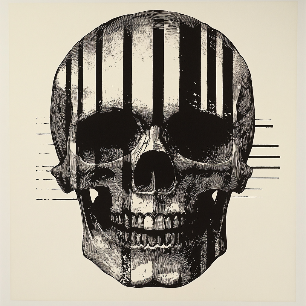 Human skull with architectural elements, monocromatic linocut print style.